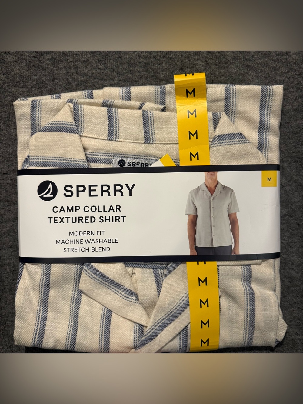 Sperry Camp Collar Textured Shirt Mens M Striped Cotton Stretch Beach white blue
